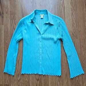 Y2K Teal Plisse Button Up Blouse – Medium